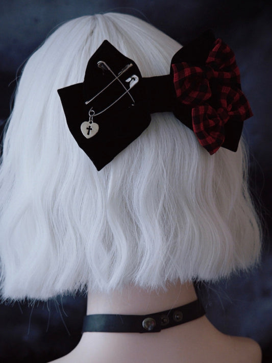 Black Bowknot With Double Red Plaid Pattern Bowknots And Pins Details Clip