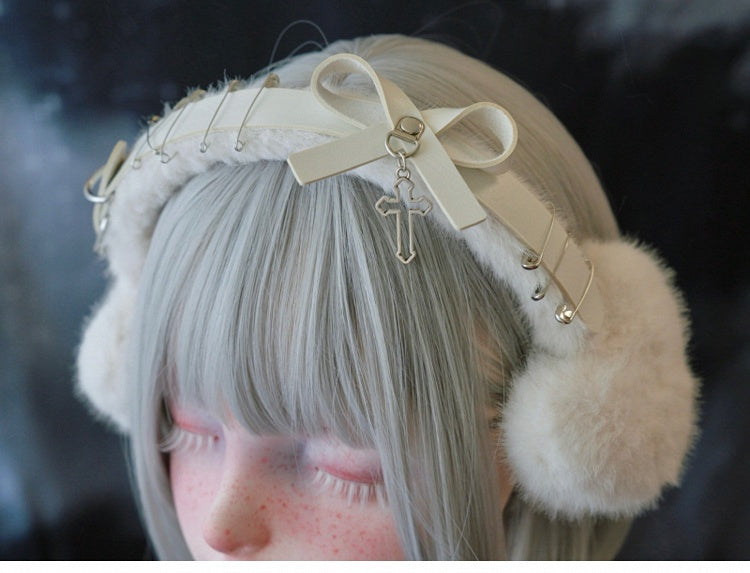 White Handmade Cross Pins Bow Plush Heart-shaped Earmuffs
