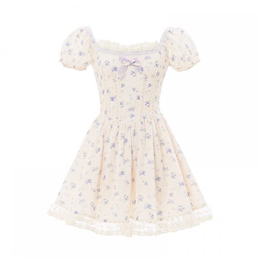Beige Square Neckline and Short Puff Sleeves Mori Kei Floral Dress