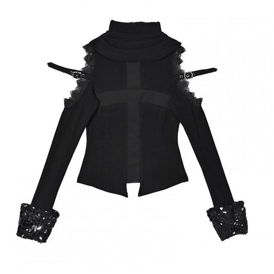 Black Open Shoulders Semi-sheer Cross Shaped Mesh Panels Goth Long Sleeve Top
