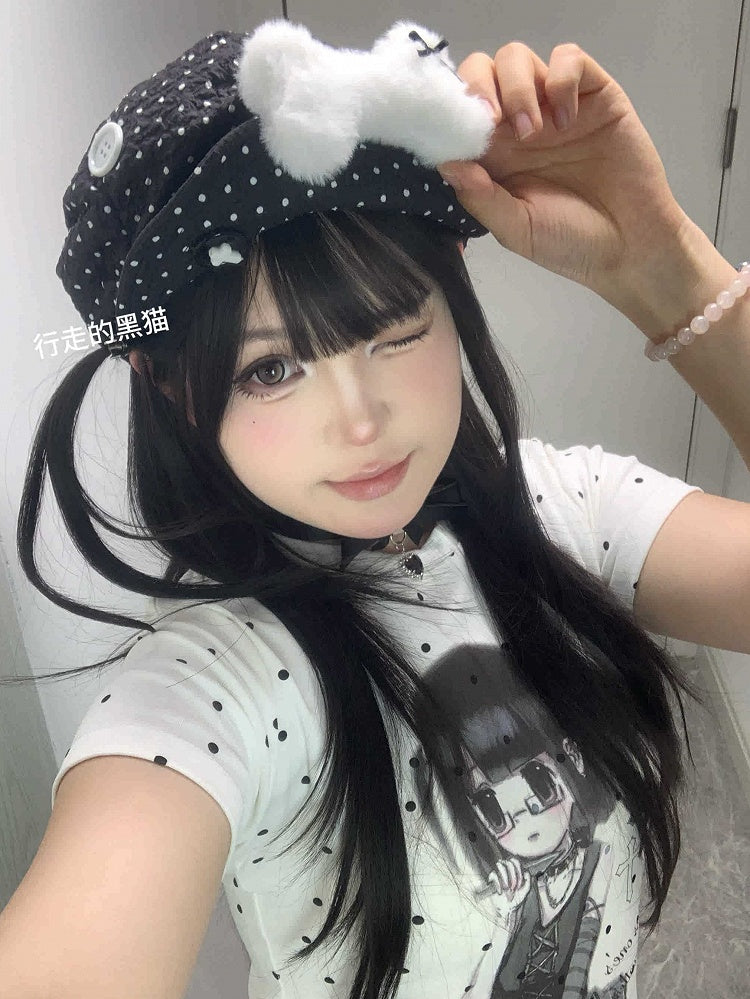 Black/White Polka-dot Pattern Button Decorated Beret Hat With Plush Bone