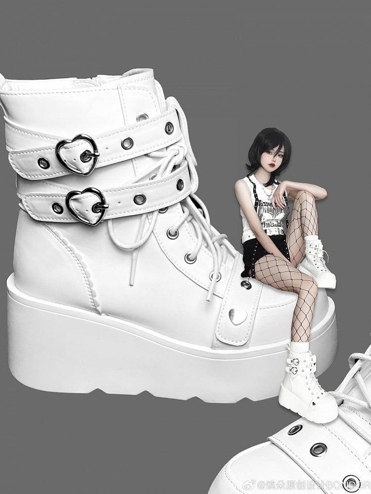 Punk Studs White Platform Ankle Boots