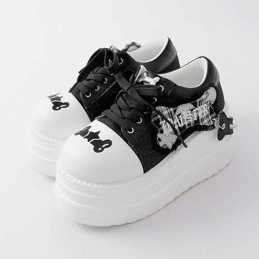 Black & White Punk Bone Applique Silver-tone Studs Platform Shoes