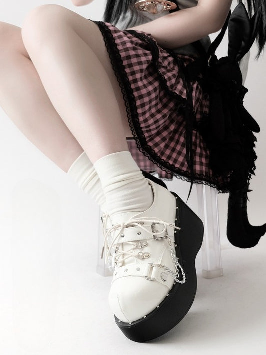 White Y2K Bittersweet Studs Details Chain Charm Front Lace-up Ties Platforms