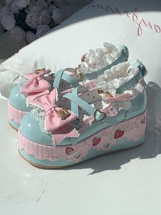 Sweet Green Lolita Platforms - PU Leather with Strawberry Elements, Striped Scalloped Trim & Pink Bow Accents