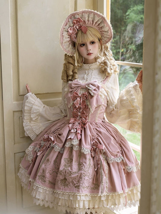 Bows Decoration Candle Embroidery Pink Velvet Dress Lolita JSK / Set