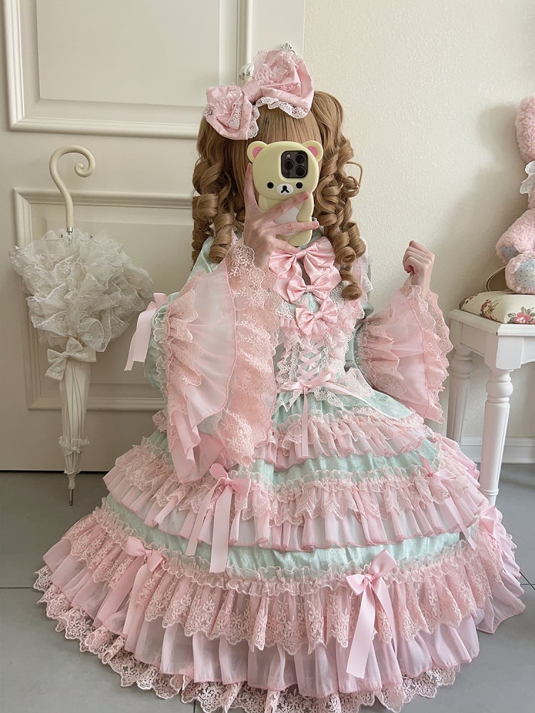 Green and Pink Tiered Ruffle Skirt Bows Decorated Long Bell Sleeves Lolita Dress