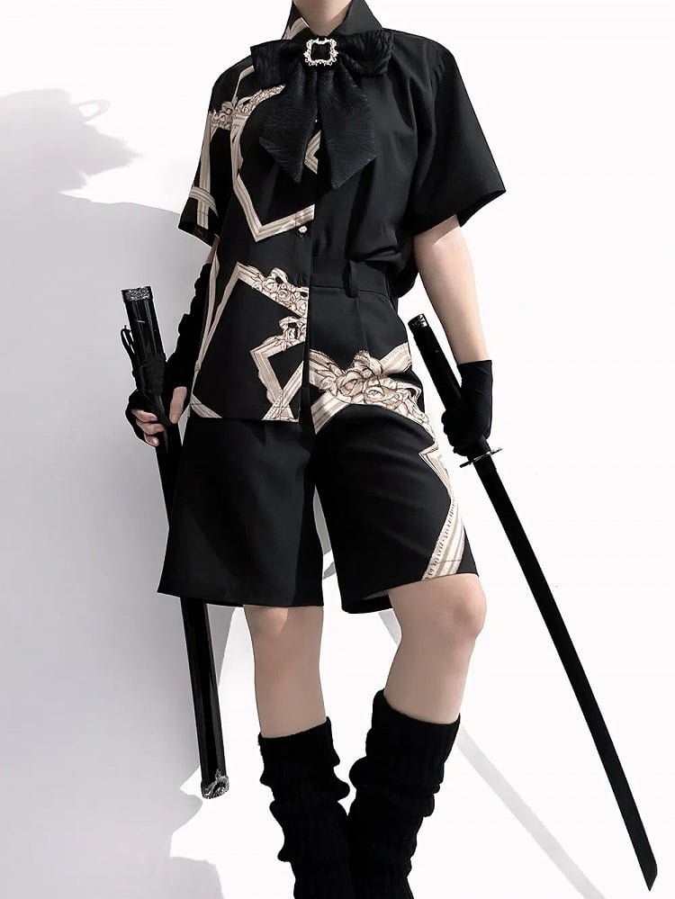 Black Asymmetrical Print Ouji Lolita Straight-leg Cut Shorts