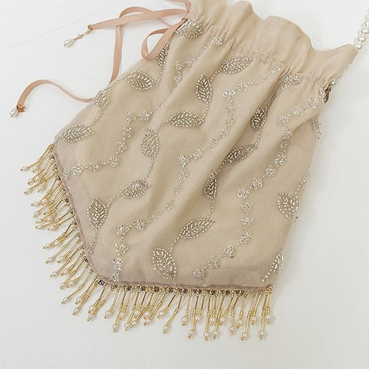 Beaded Leaves Design Tassel Hem Beige Handbag
