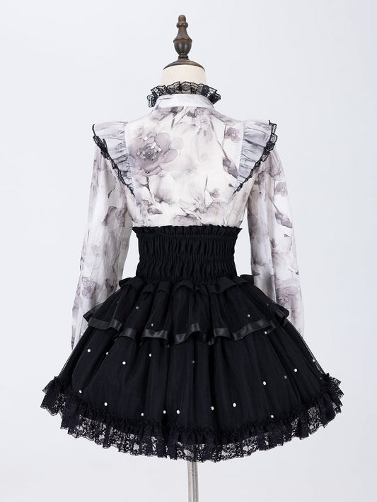 Elegant Gray Floral Jirai Kei Blouse