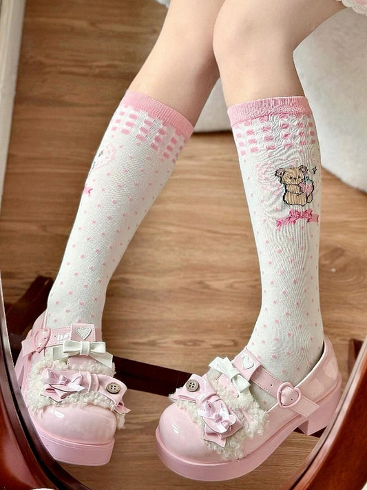 Pink Bear Hug Strawberry Print Bowknot Polka-dot Pattern Lolita Calf Socks