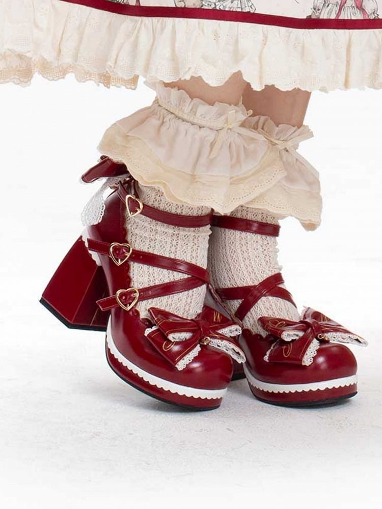Red Crisscross Design Heart Buckles Detachable Bow at Top High Block Heels