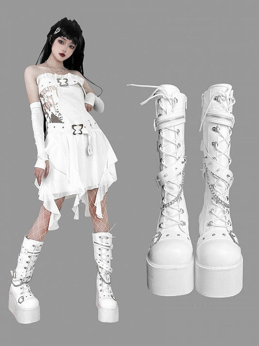 Studs Chains Metal Punk Matte White Platform Boots