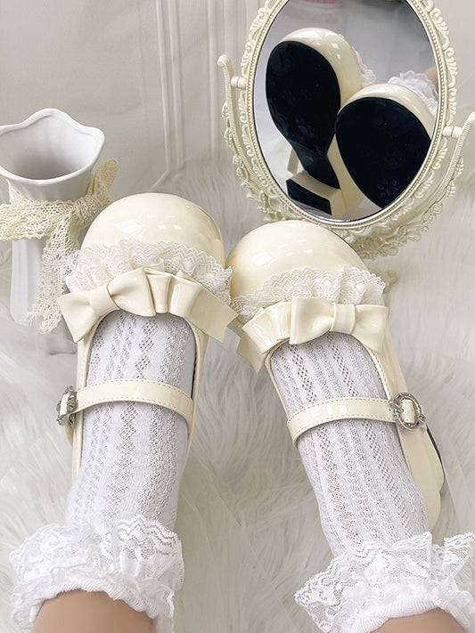 Lace Details & Bow Accents PU Beige Round Toe Shoes in Sweet Lolita