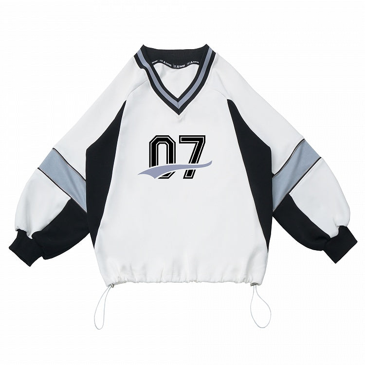 White V-Neck Regular/Back Bow Baseball-Style Sweatshirt with Front Numeric Design