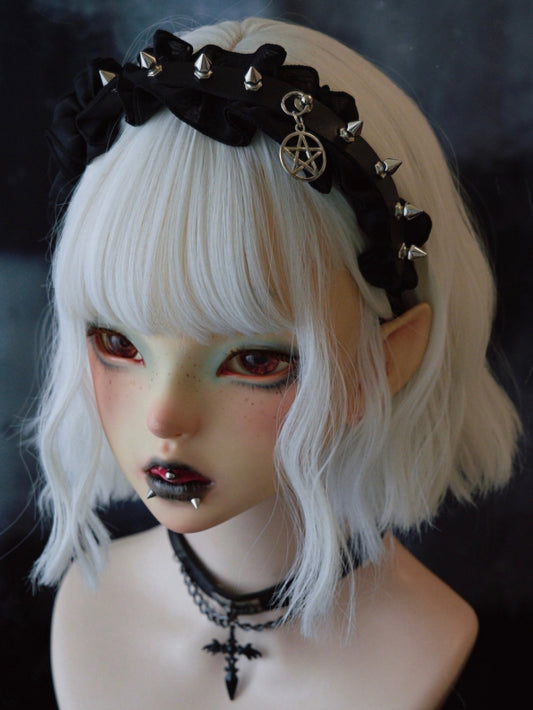 Black Gothic Ruffle Trim Decorated Studs With Pentagram Charm Design KC