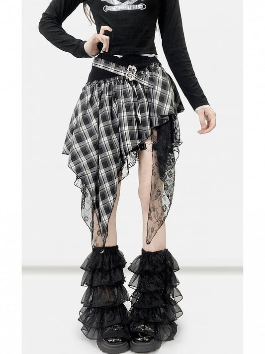 Black Bittersweet Plaid Pattern Contrast Lace Patches Asymmetrical Hem Skirt