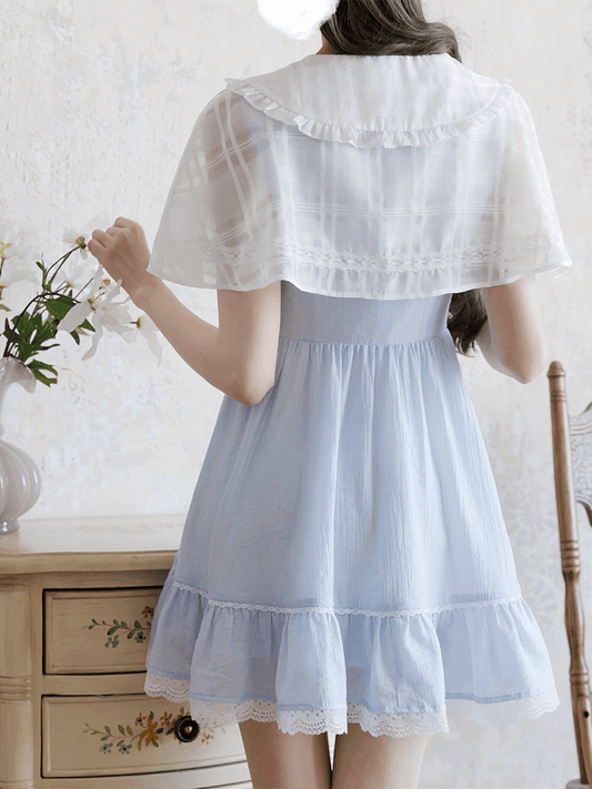 Jirai Kei Light Blue Peter Pan Collar Cape Design Faux Two-pieces Dress