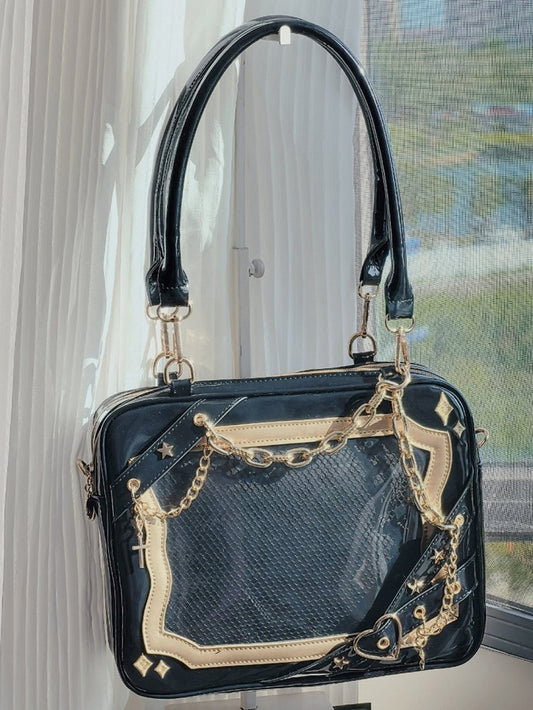 Black & Gold Crisscross Strap Ita Shoulder Bag with Cross Charm Chain