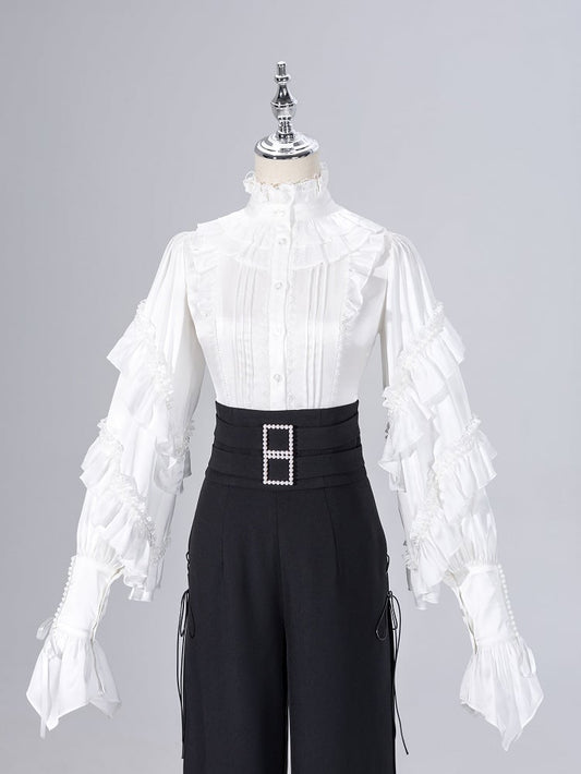 Ruffled High Neck Black Bead Chain and Cascading Ruffles Long Sleeves Siren Shirt