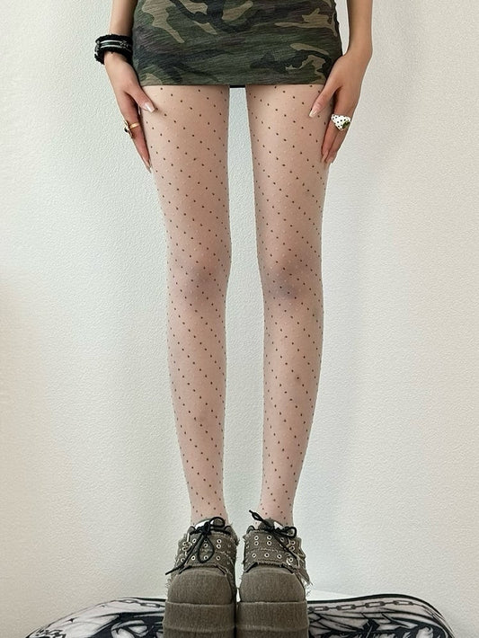 Gray/White/Brown Polka-dot Embroidered Diamond Pattern Tights