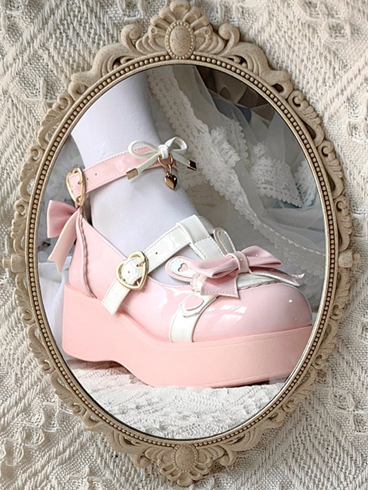 Polished Pink Sweet Lolita Heart Details Bunny Ear Bow at Top T-strap Platforms