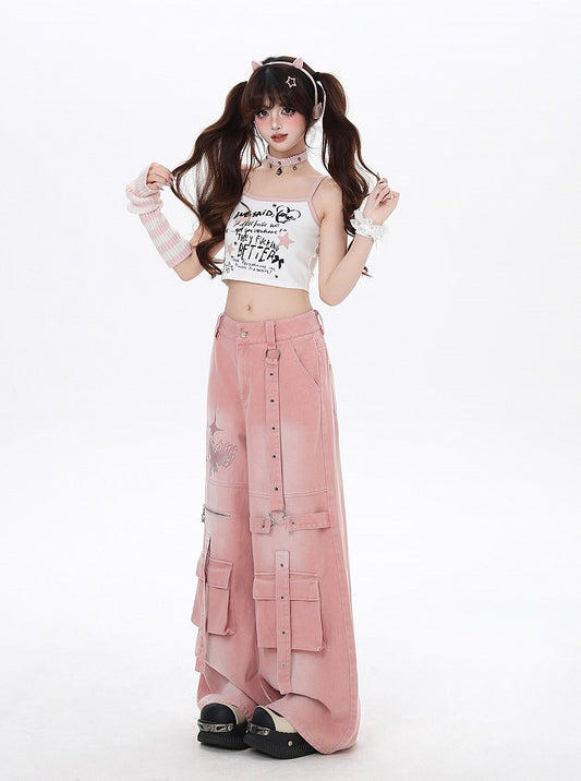 Pink Butterfly Print Strap Details Vintage Wide-Leg Cargo Jeans