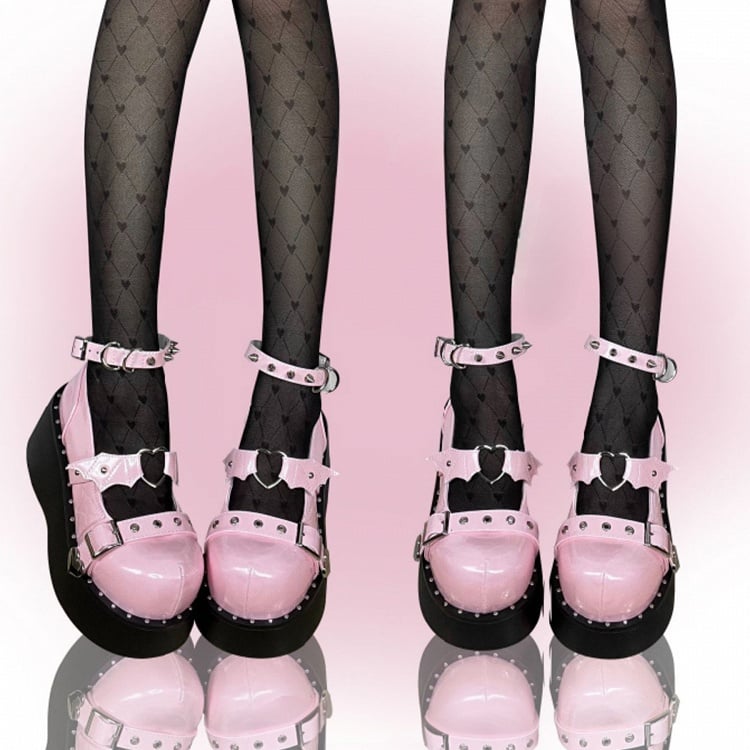 Devil Wing Design Pink Stud Detail Buckle Ankle Strap Platform Mary Janes