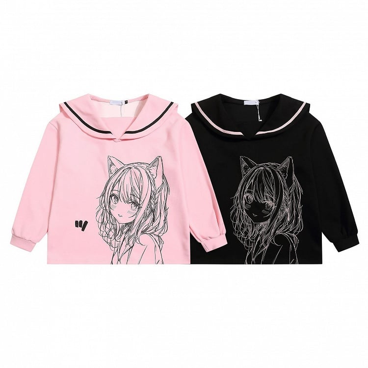Black/Pink Sailor Collar Sweatshirt with Manga Girl Print and Ribbon Bow Back - Jirai Kei Style
