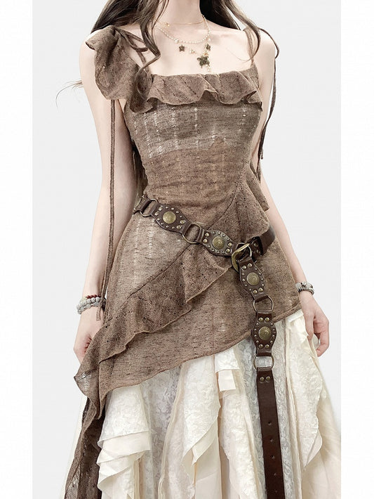 Brown Millard Fashion Asymmetrical Hem Cami Dress + Bell Sleeves Cardigan + White Asymmetrical Hem Skirt