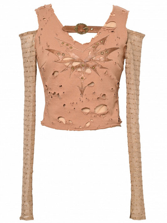 Wasteland Punk Light Brown Studs Decorated Buckle Accents Cutout Shoulder Top