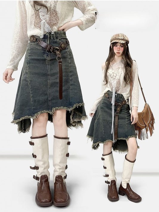 Blue Asymmetrical Hem Raw Hem Skirt