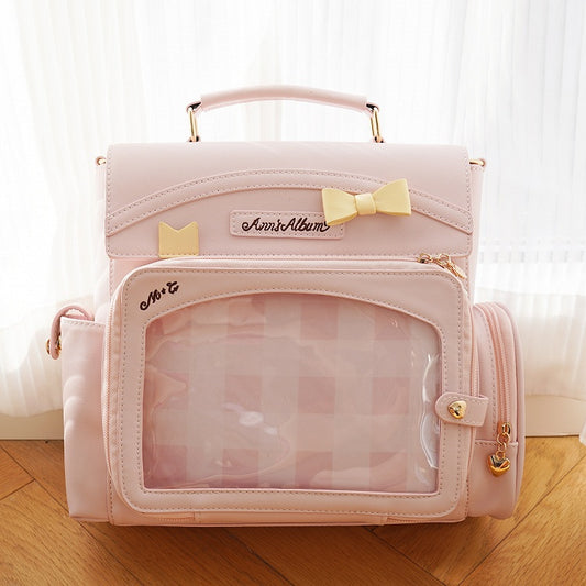 Pink 2-Way Ita Bag With Transparent Window And Bow Decoration