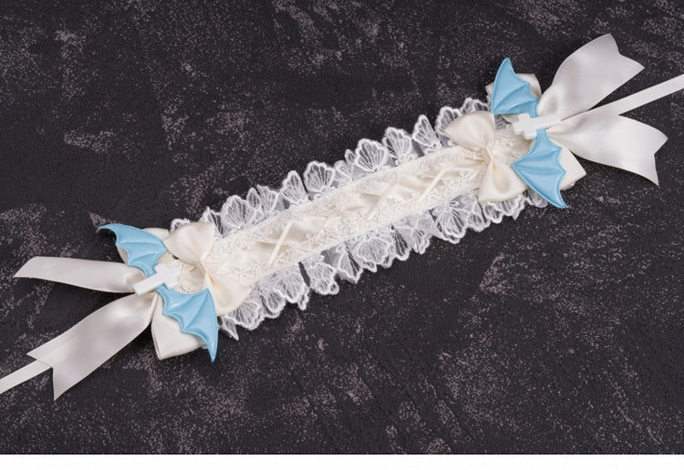 Crosses and Blue Wings White Bowknots Lace Hairband
