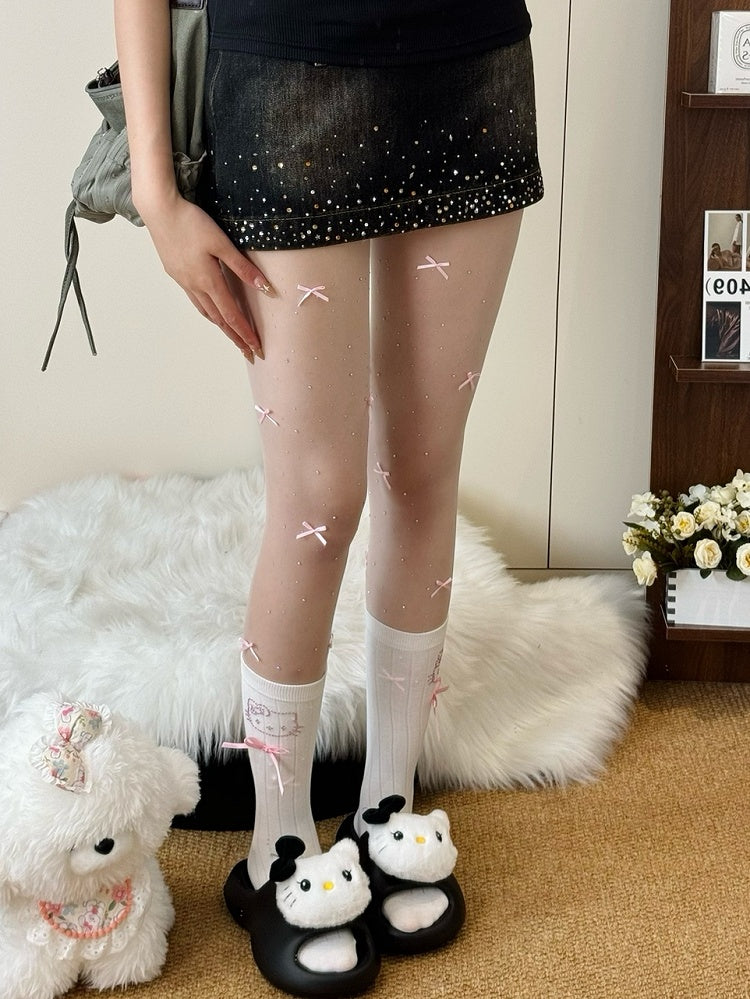 Beige/White/Nude Bowknot Details Rhinestone Decorated Tights