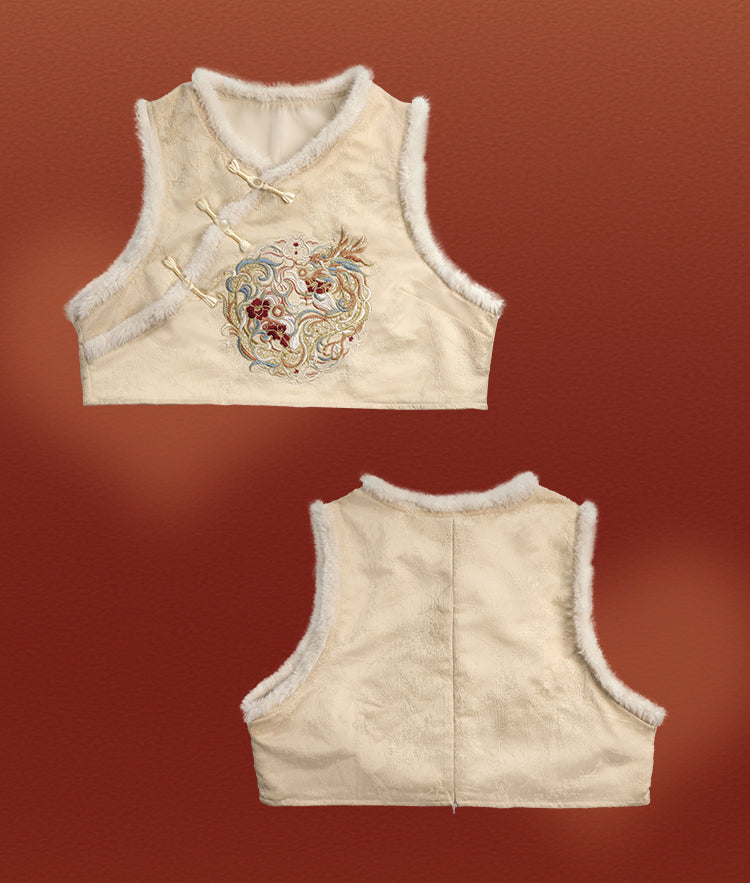 Plus Size Beige Dragon Embroidery New Year Vest