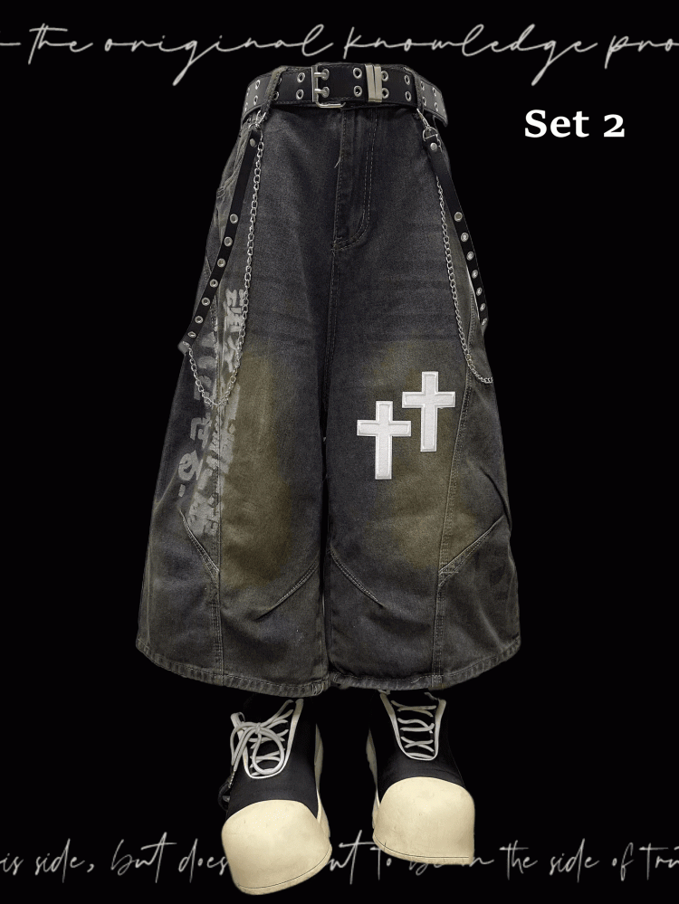 Dark Blue Faded Wash Cross Appliques Distressed Wide-Leg Jeans