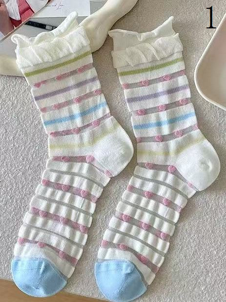 Colorful Stripes Polka-dot/Bowknot/Floral Pattern Hollow-out Calf Socks