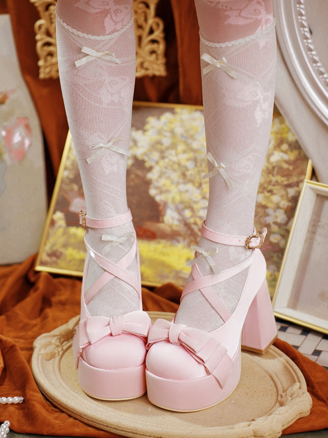 Crisscross Ankle Strap Pink Bow at Top 11cm High Heels