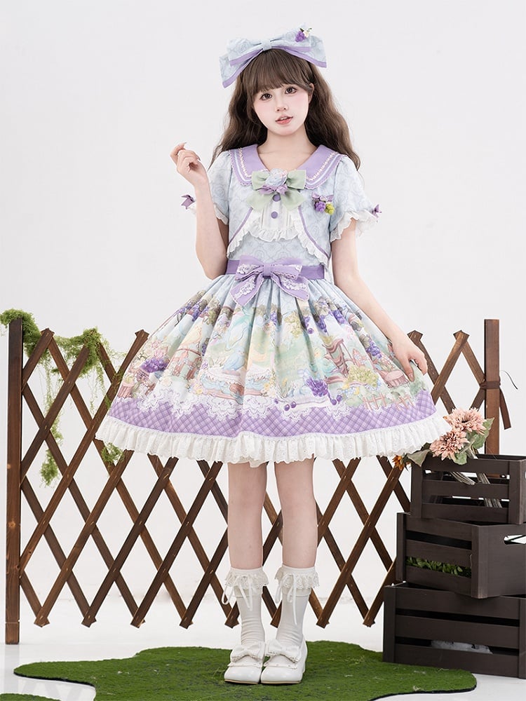 Cute Parrot and Grapes Print Sweet Lolita Short Sleeves Dress Fake Two-pieces Design