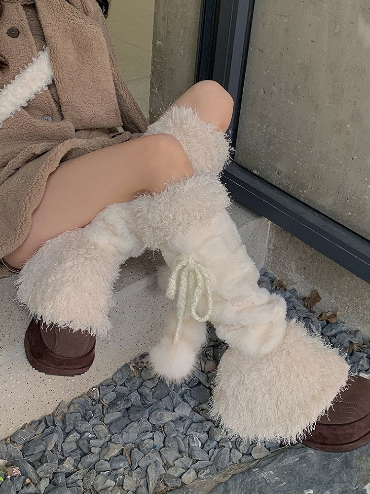 Off-white Sweet Checked Plush Leg Warmers With Pompons