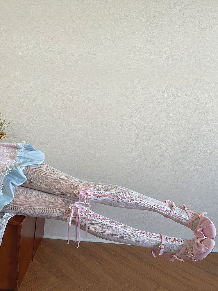 White Floral Pattern Hollow-out Tights With Pink Lace-up Design