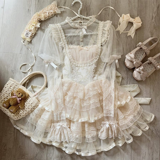 Apricot Bows Print Basque Waist Balletcore Lolita Jumper Skirt