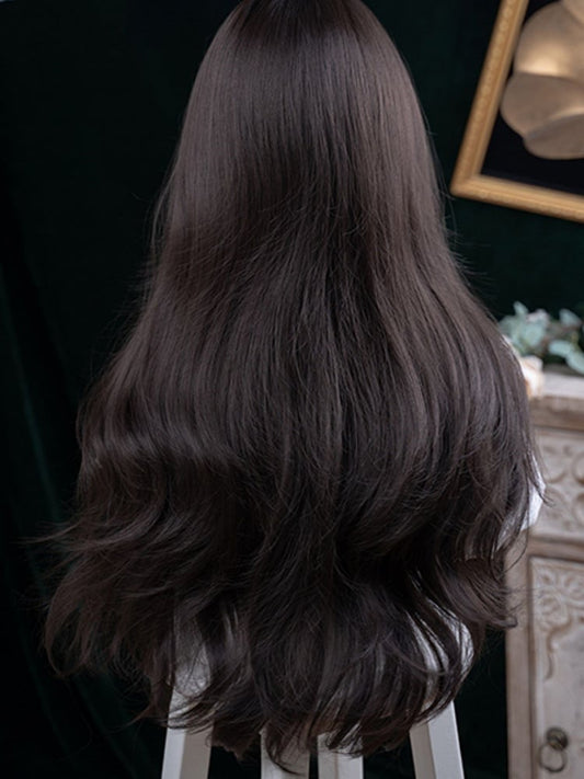 Black Tea 73CM Length Wavy Wig With Curtain Bangs