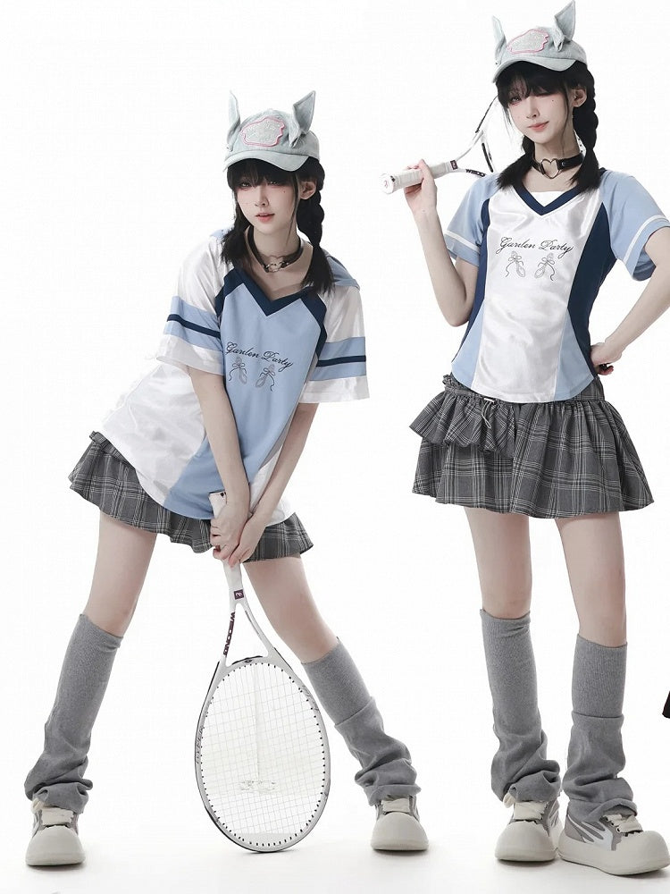 Blue Colorblock Design Blokette Core V-neck T-shirt