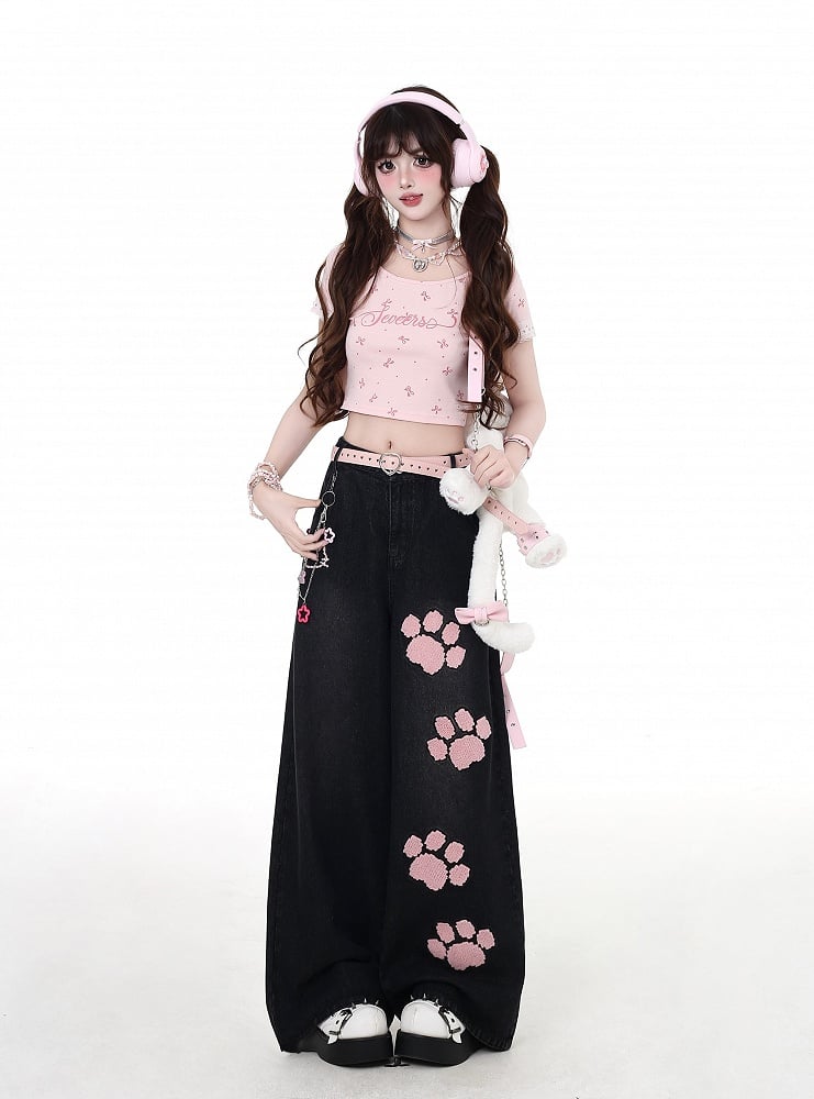 Pink Paw Embroidery Black Low Waist Straight-Leg Jeans