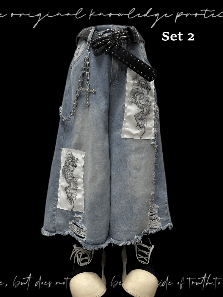 Dragon Applique Raw Hem Distressed Holes Light Blue Wide-leg Jeans