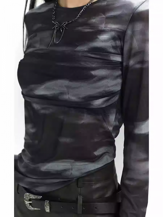 Black Round Neck Tie Dye Slim-fitting Top