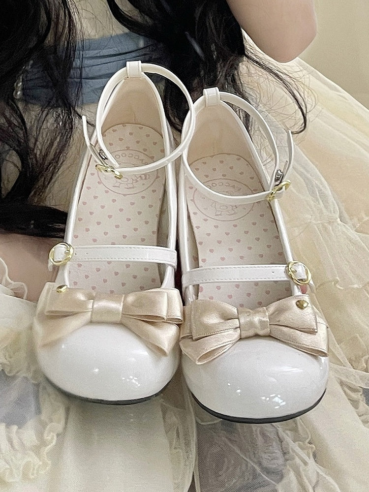 Heart-Decorated Champagne Bow PU Leather White High Block Heel Mary Janes in Sweet Lolita