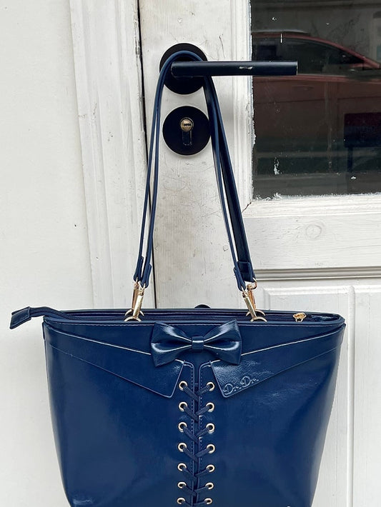 Dark Blue Bow Accents Lace-up Detail Ita Shoulder Bag with Free Charm